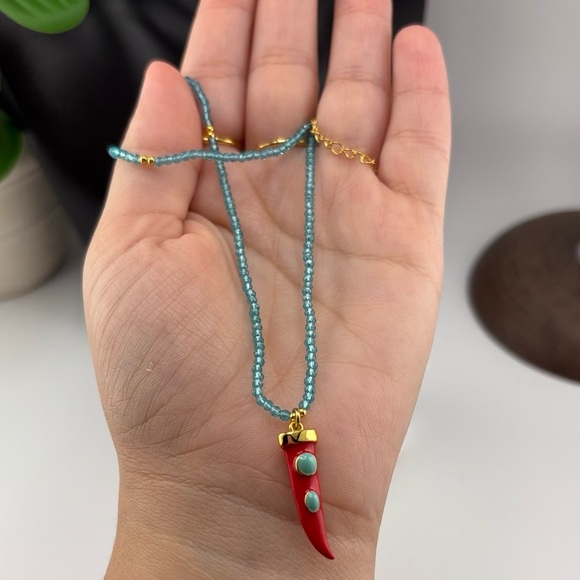 Turquoise Beaded Necklace with Red Horn Charm ✨ - Picture 5 of 6